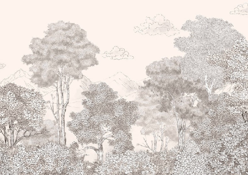 Beige panoramic Forests and Mountains wallpaper