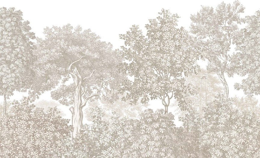 Landscape wallpaper forest engraving beige