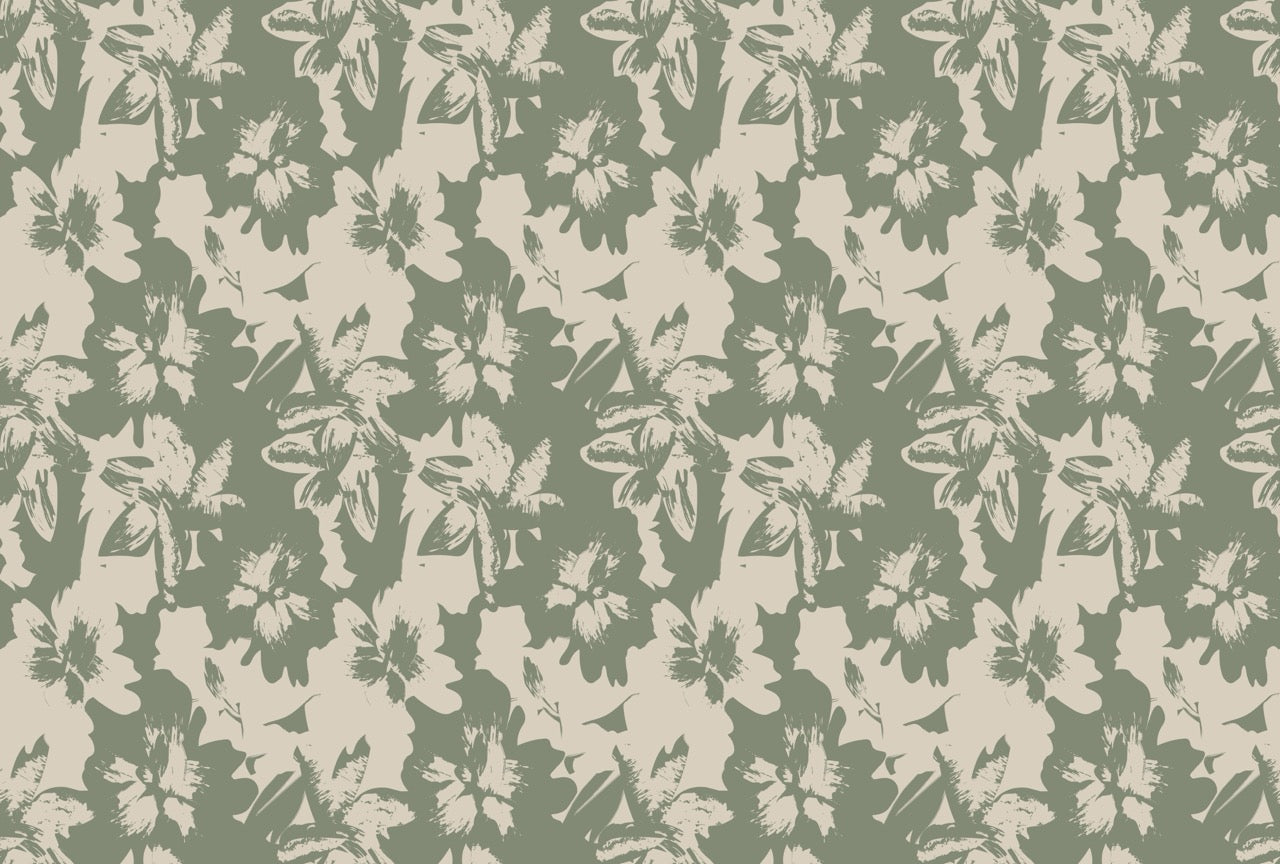 Papier peint motif floral vert sauge - Fresque Artistique contemporaine - Muralconcept