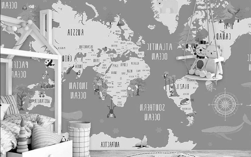 Papier peint chambre enfant map animaux gris, XXL, tendance