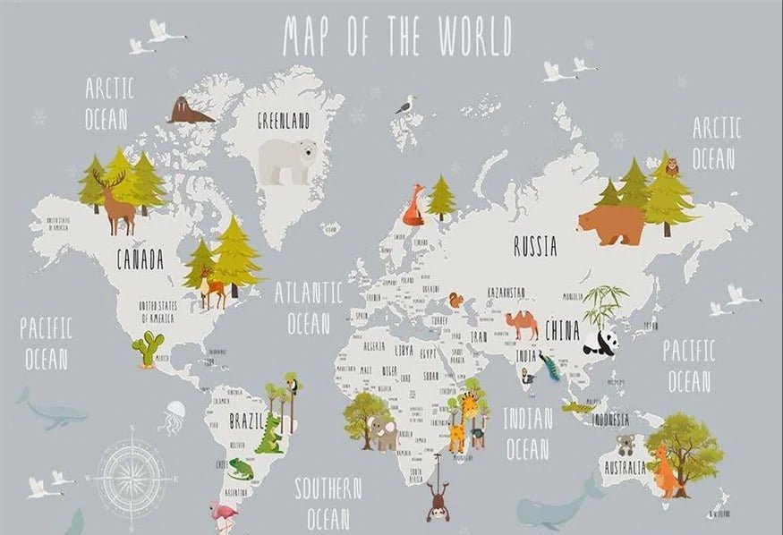 Children's bedroom wallpaper map animals light grey
