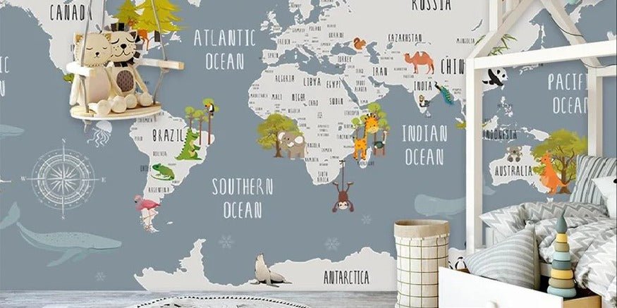 Gray animal map children's bedroom wallpaper