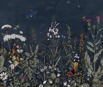 Panoramic night-blue floral wallpaper