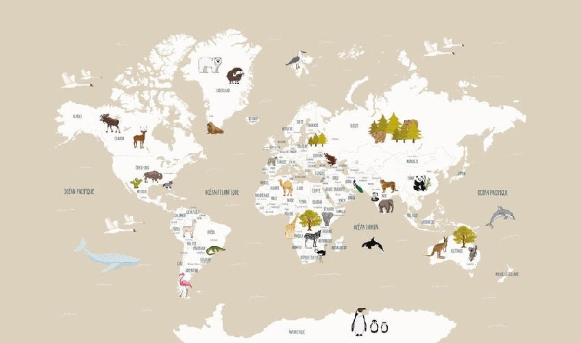 Children's French world map wallpaper beige