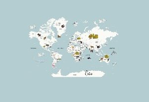 Children's map of the world in French glacier blue wallpaper