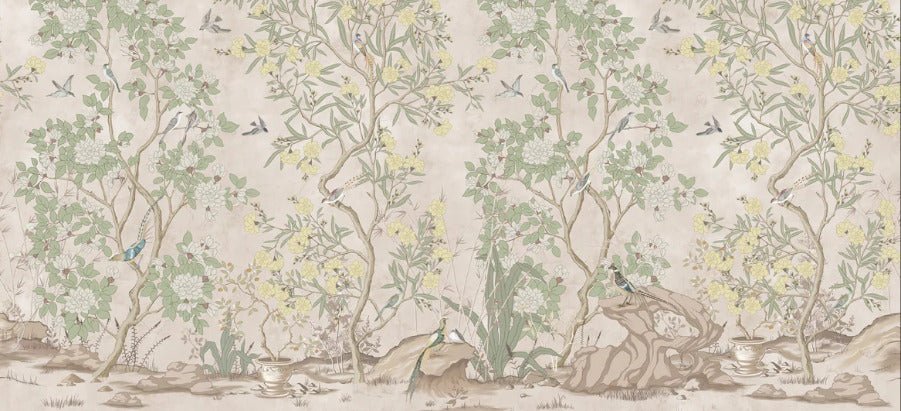 Panoramic wallpaper with Chinese garden motif