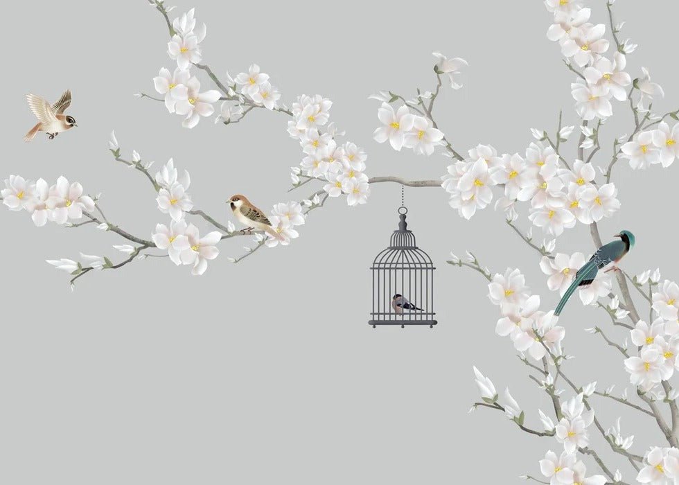 Romantic living room wallpaper blossoming tree