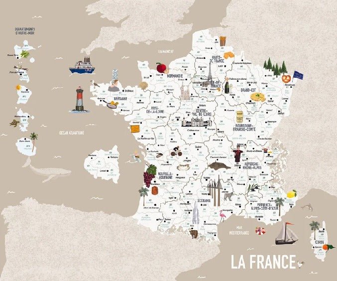 Beige French map wallpaper for children