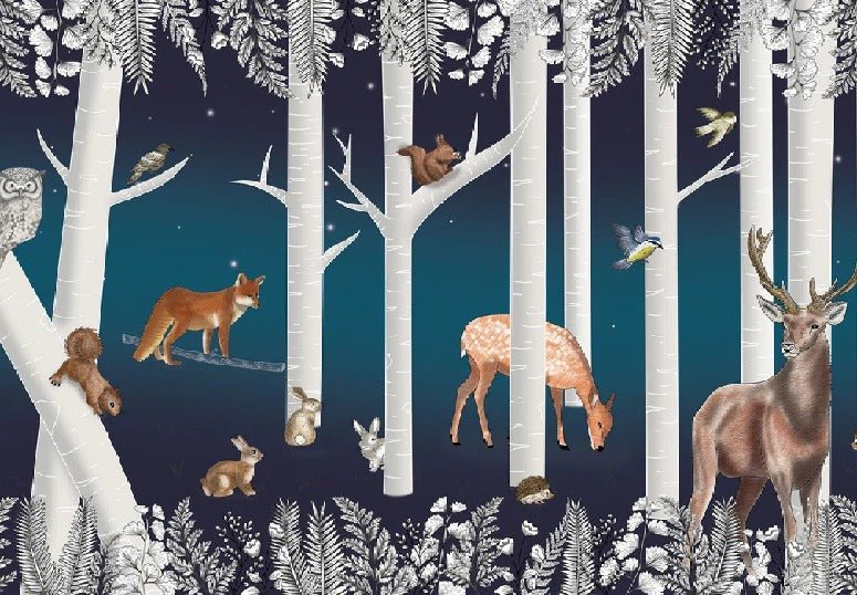 Papier peint enfant bois enchanté et ses animaux nuit étoilée, XXL, tendance