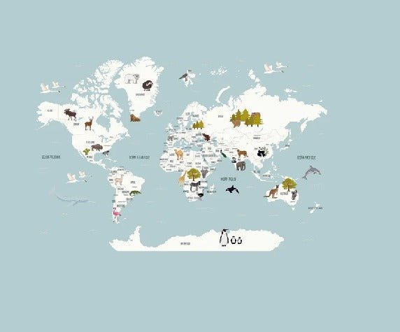 Children's map of the world in French glacier blue wallpaper