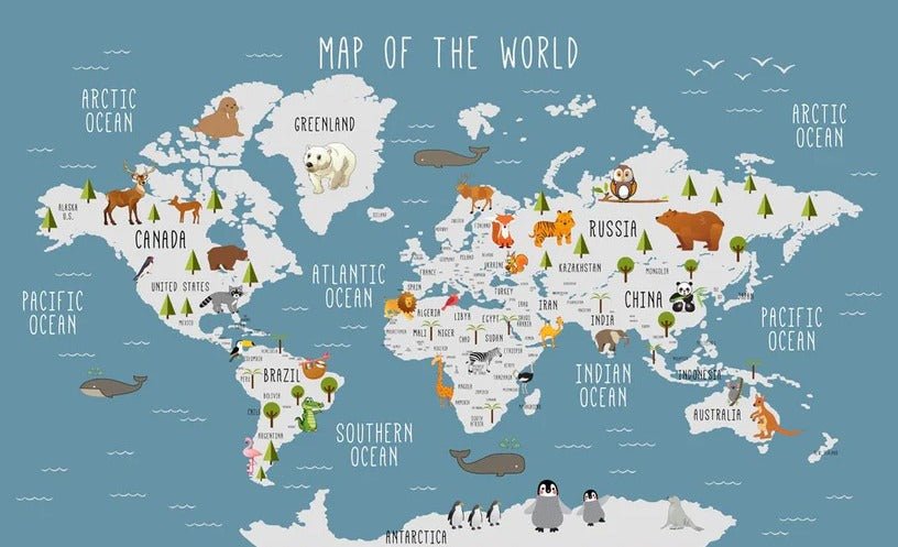 Papier peint Carte du monde illustrée Animaux bleu foncé, XXL, tendance
