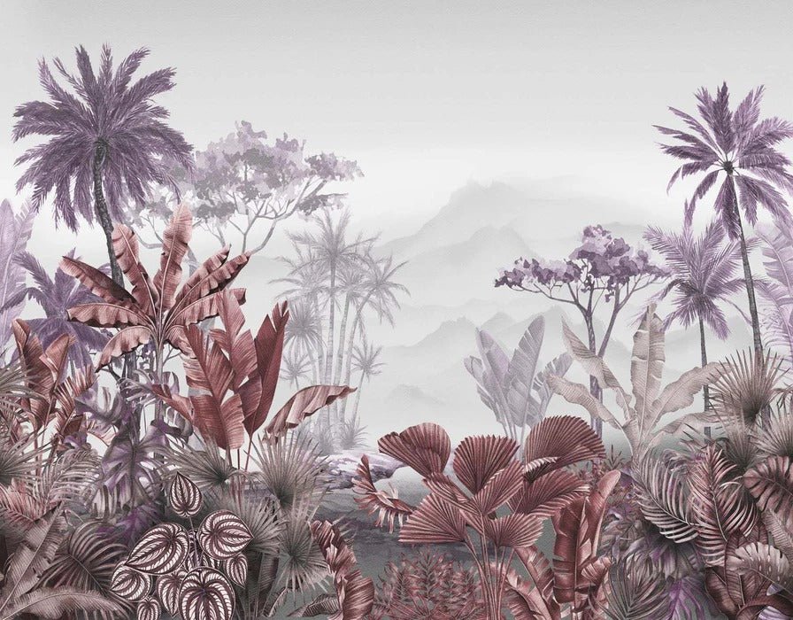 Trendy tropical purple bathroom wallpaper
