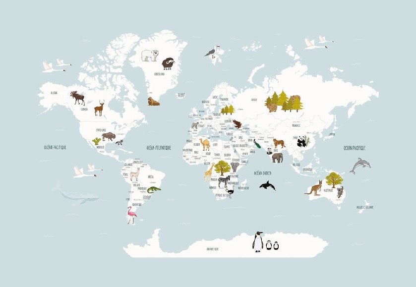Children's map of the world in French glacier blue wallpaper