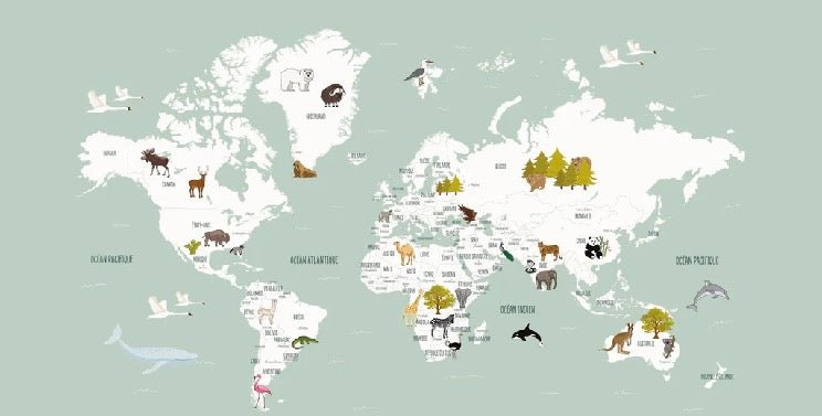 Wallpaper World Map in French for Children, Green