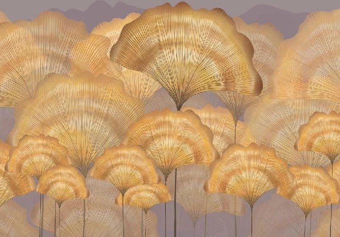 Papier peint salle de bain contemporain ginkgo ocre, XXL, tendance