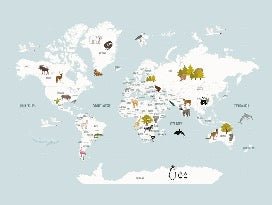 Children's map of the world in French glacier blue wallpaper