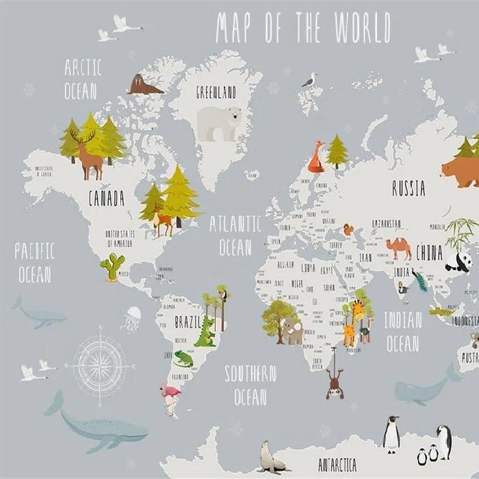 Light gray animal map children's bedroom wallpaper