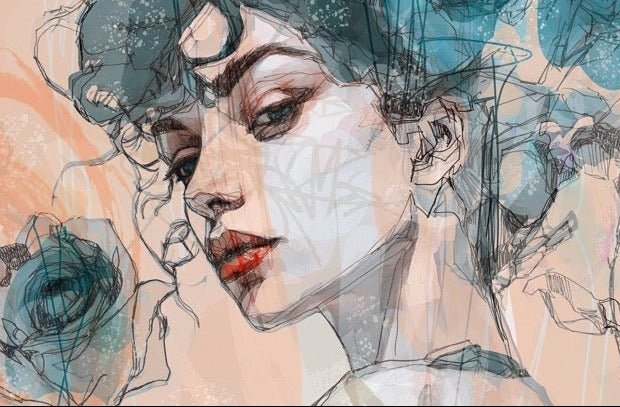 Papier peint visage féminin blue rose, XXL, tendance