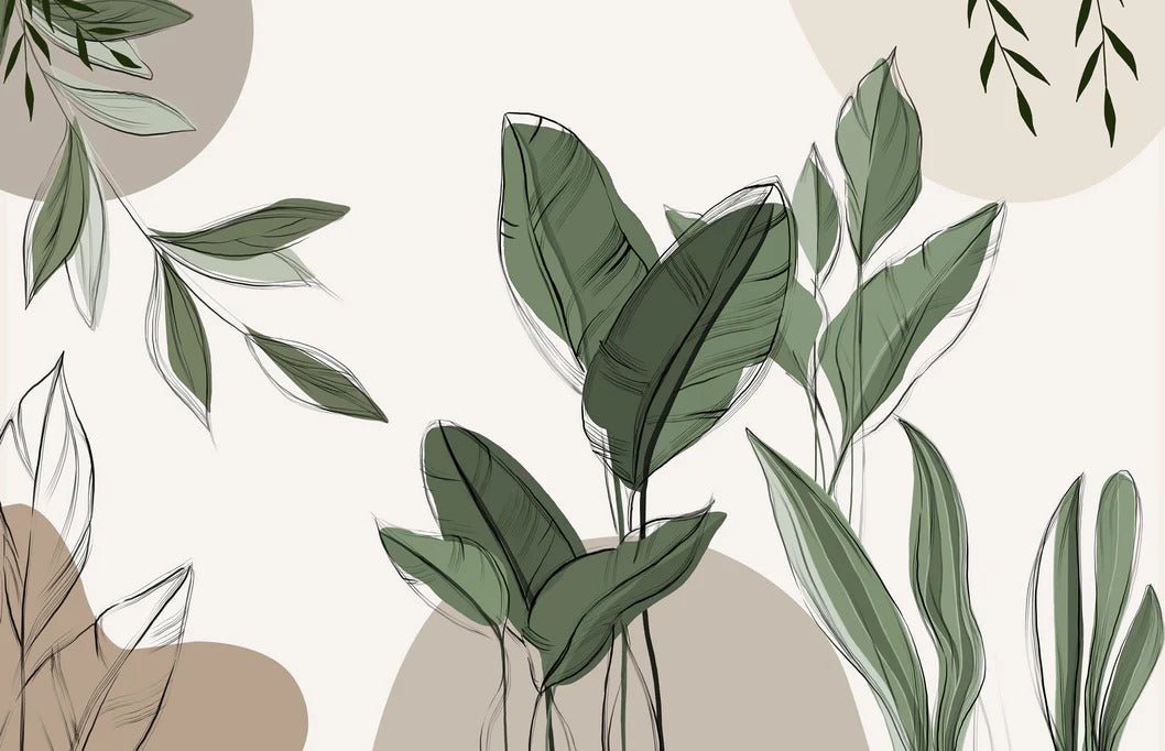 Graphic plant panorama wallpaper taupe