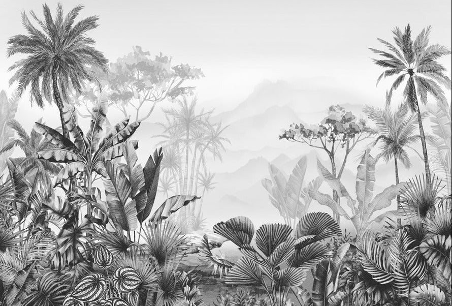 Papier peint salle de bain tendance tropical noir et blanc, XXL, tendance