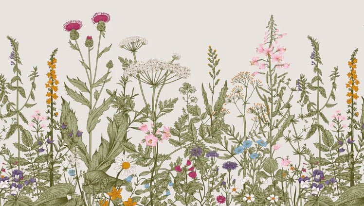 Romantic folk botanical bistro wallpaper