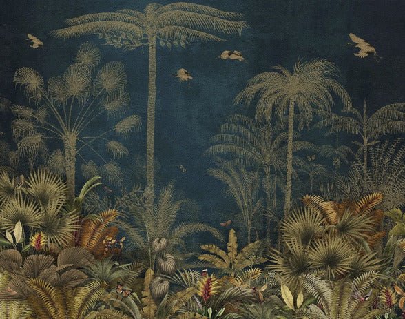 Blue jungle engraving wallpaper
