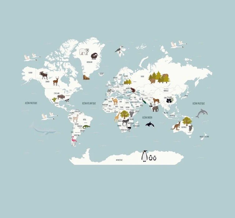 Children's map of the world in French glacier blue wallpaper