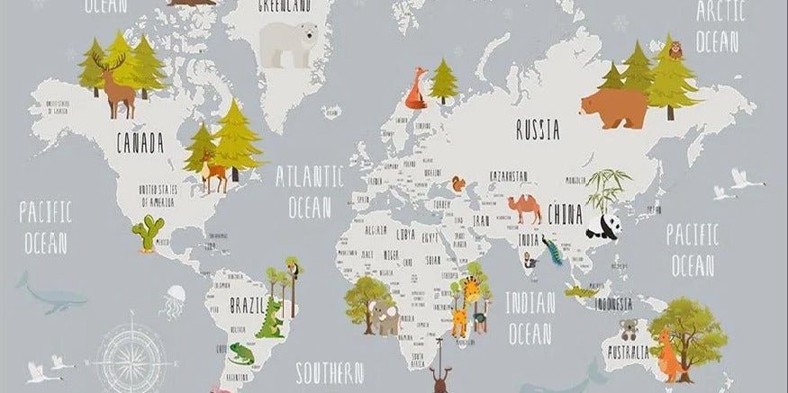 Light gray animal map children's bedroom wallpaper