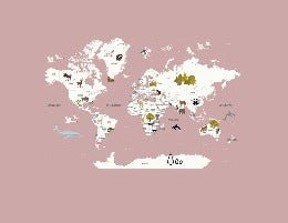 Children's French world map wallpaper old pink