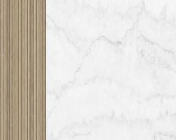 Marble-effect wallpaper and oak battens