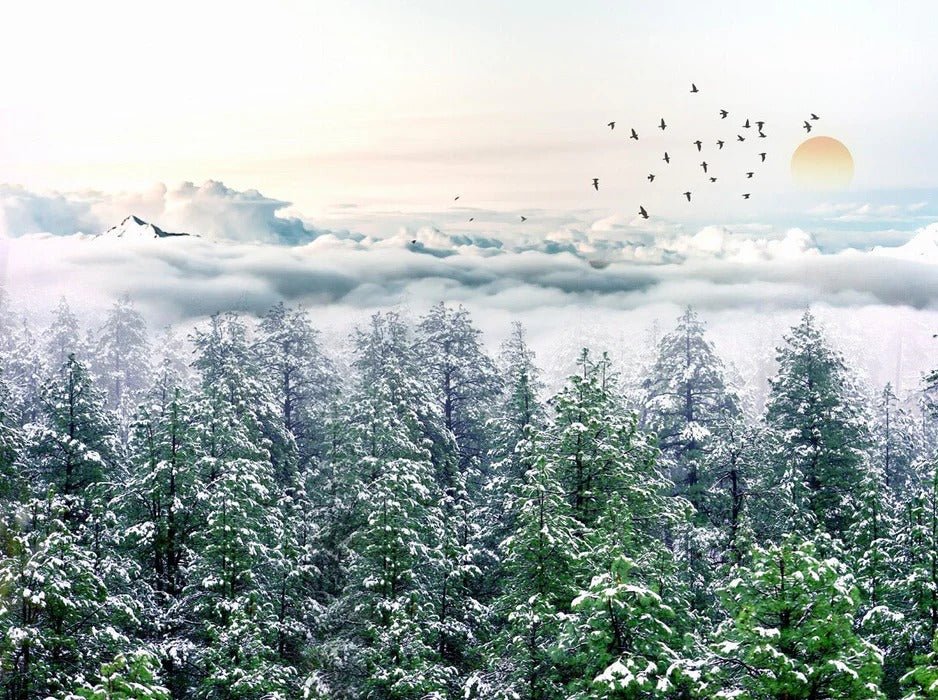 Panoramic non-woven wallpaper fir forest snow