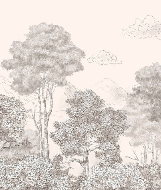 Panoramic wallpaper Forests and Mountains Sketched Beige