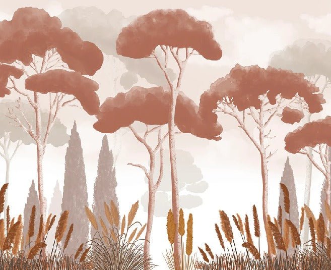 Terracotta cypress, pine and pampas grass wallpaper