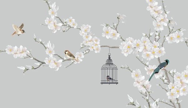 Romantic living room wallpaper blossoming tree