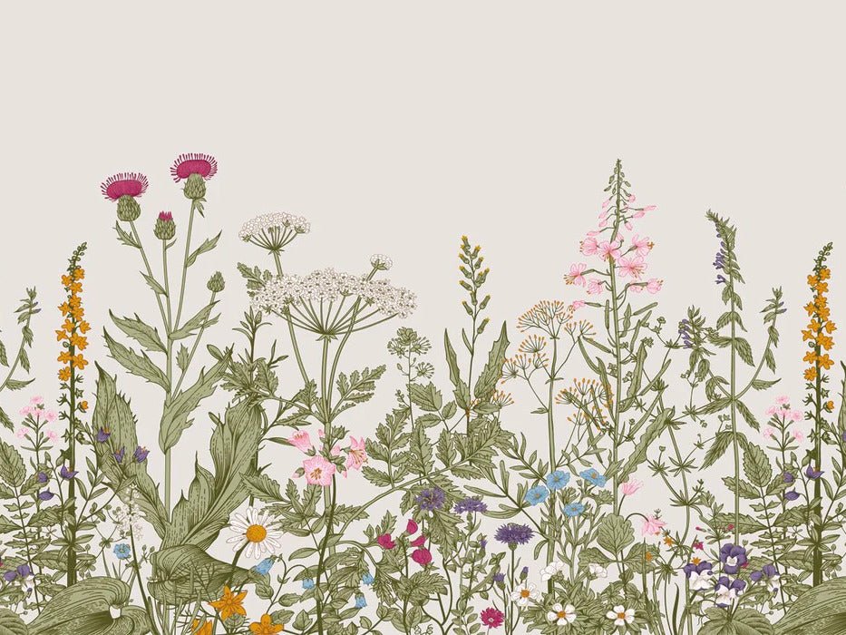 Romantic folk botanical bistro wallpaper