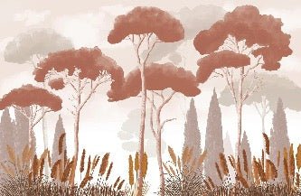 Cypress, pine, and pampas grass wallpaper in terracotta
