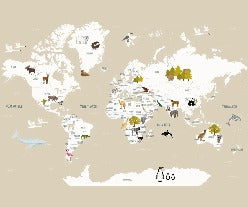 Children's French world map wallpaper beige