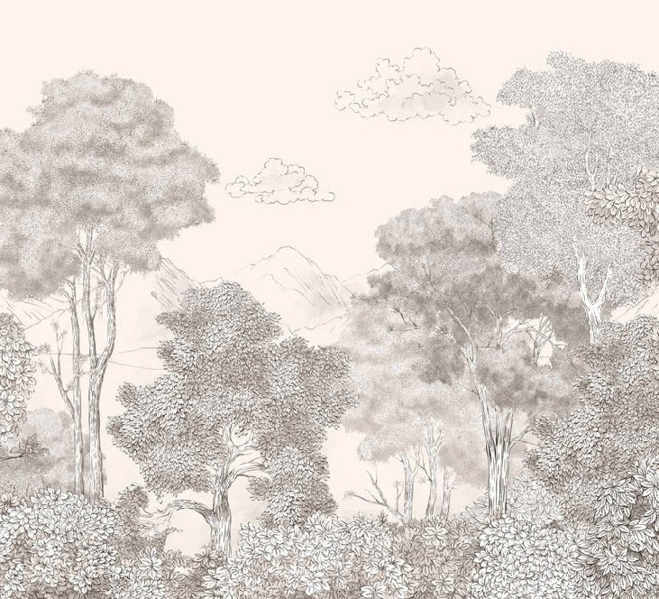 Panoramic wallpaper Forests and Mountains Sketched Beige