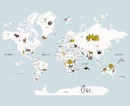 Children's map of the world in French glacier blue wallpaper