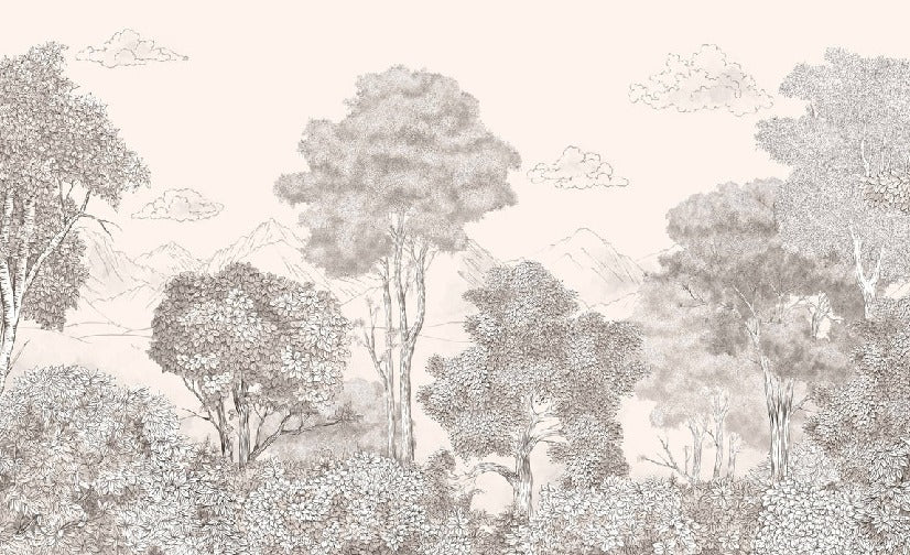 Beige panoramic Forests and Mountains wallpaper