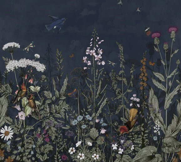 Papier peint panoramique bleu nuit floral, XXL, tendance