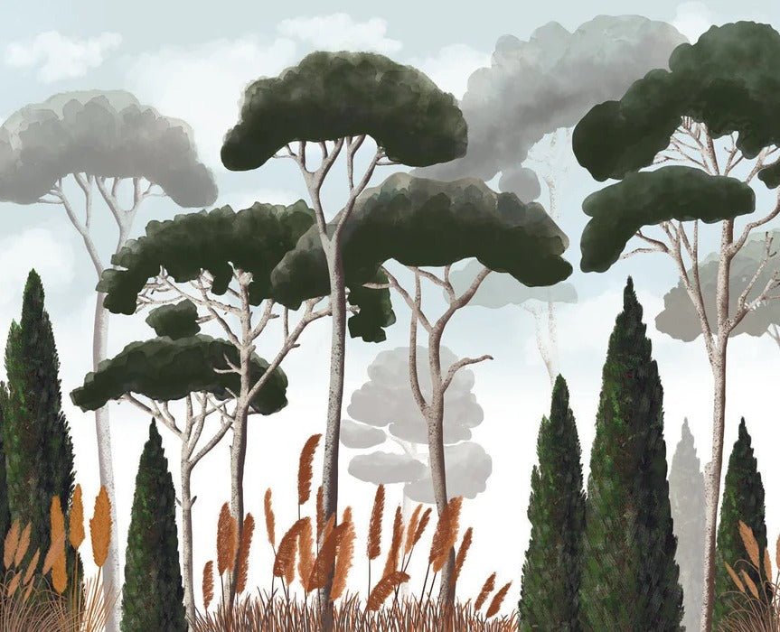 Papier peint sur mesure cyprès pins et herbes de la pampa, XXL, tendance