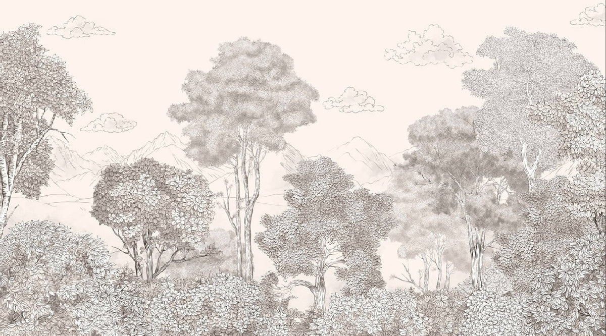 Panoramic wallpaper Forests and Mountains Sketched Beige