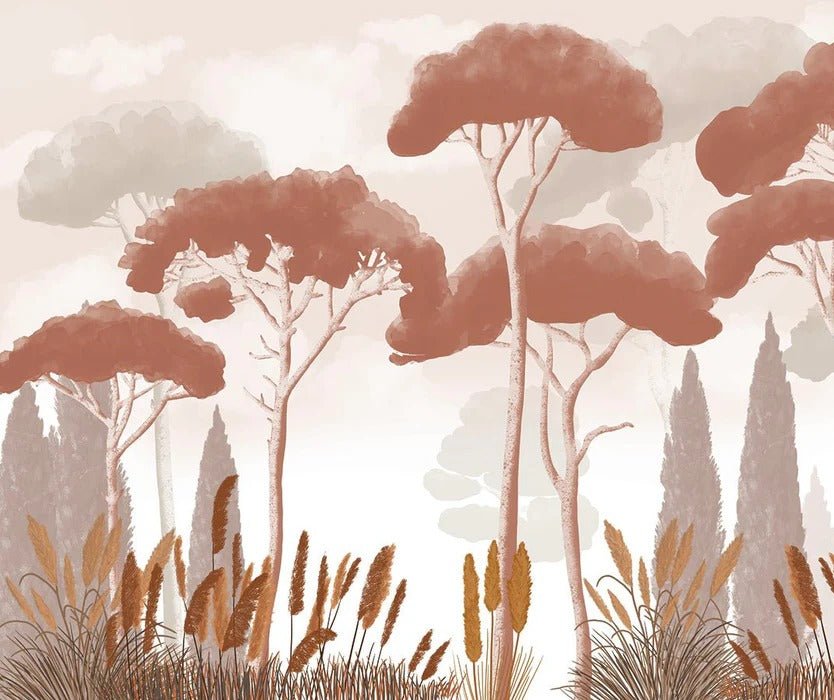 Terracotta cypress, pine and pampas grass wallpaper