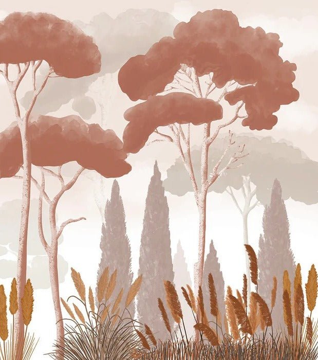 Terracotta cypress, pine and pampas grass wallpaper