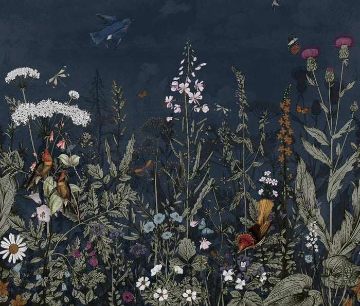 Panoramic night-blue floral wallpaper