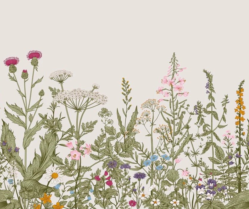 Romantic folk botanical bistro wallpaper