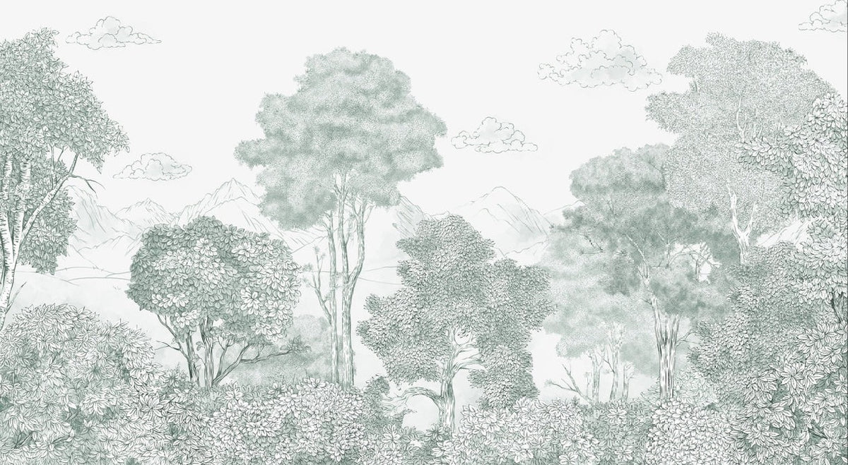 Panoramic Forests and Mountains green wallpaper