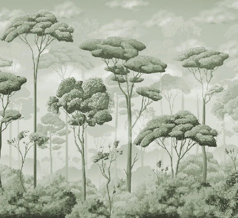 Panoramic pinewood voluptuous green wallpaper