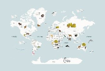Children's map of the world in French glacier blue wallpaper